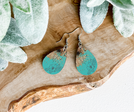 Blue Wood & Floral Print Lightweight 1.5” Teardrop Earrings.