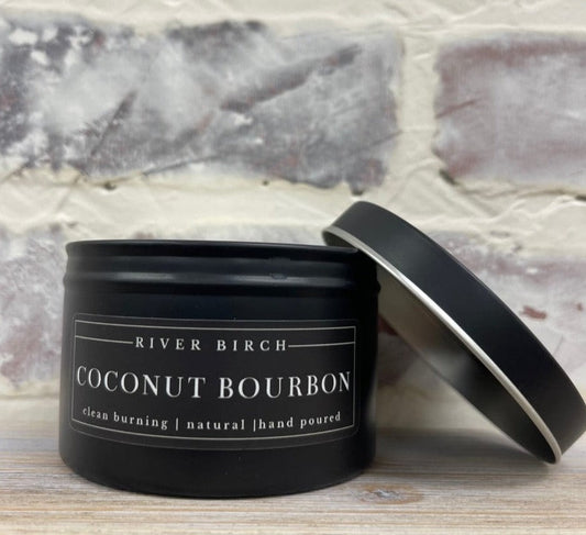 8oz Coconut Bourbon Scented Black Tin Soy Candle
