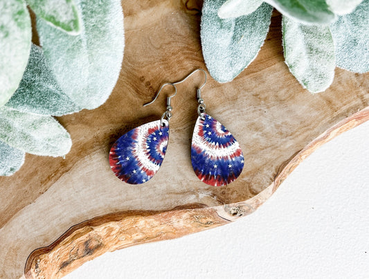 Red, White & Blue Tie Dye Lightweight 1.5” Teardrop Earrings.