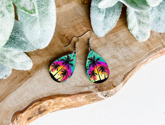 Summer Palm Trees Lightweight Single Sided 1.5” Teardrop Earrings.