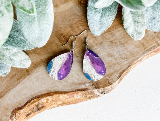 Blue & Purple Marble Sparkle Lightweight 1.5” Teardrop Earrings.